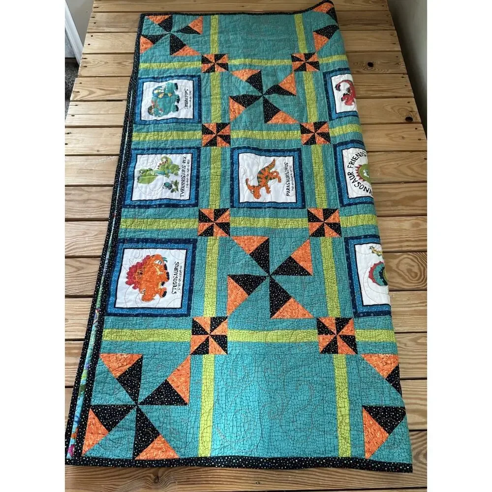 Handmade Patchwork Dinosaur quilt size 51x50 Green orange L2